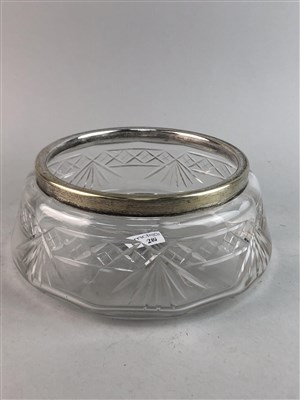 Lot 202 - A GLASS FRUIT BOWL WITH A PLATED RIM AND OTHER GLASSWARE