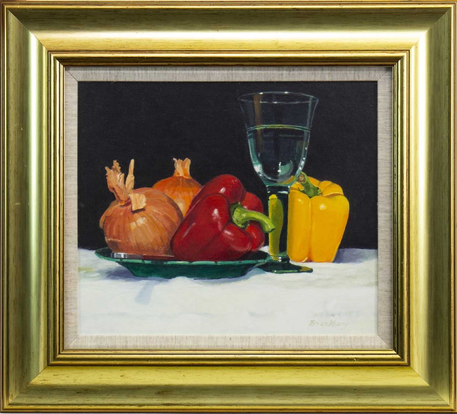 Lot 520 - ONIONS, PEPPERS AND GLASS, AN OIL BY BRIAN KEANY