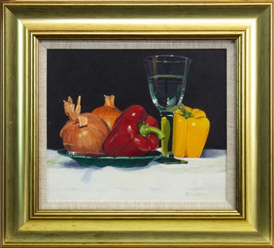 Lot 520 - ONIONS, PEPPERS AND GLASS, AN OIL BY BRIAN KEANY