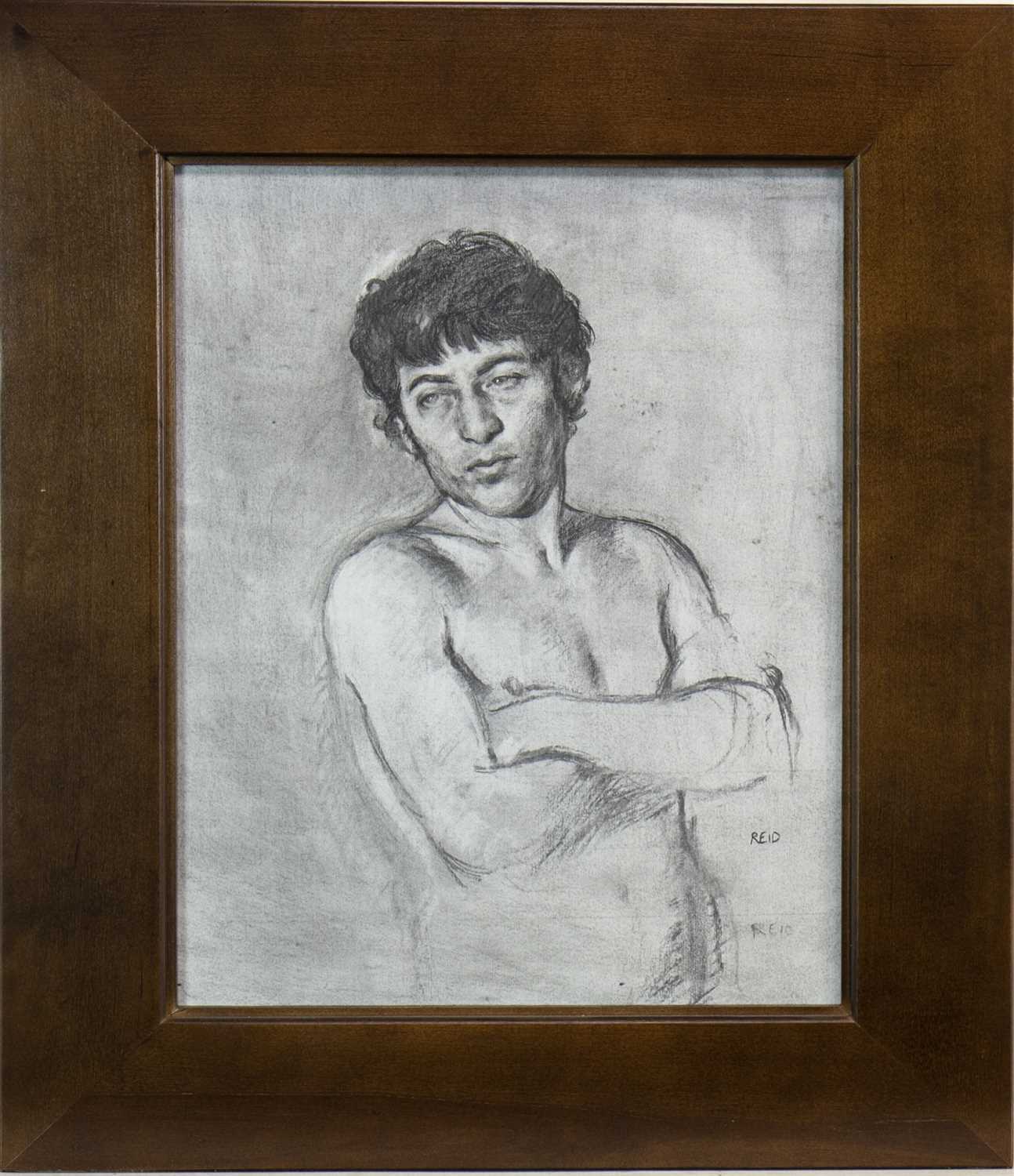 Lot 569 - MALE NUDE - ARMS FOLDED, A CHARCOAL BY PAUL REID