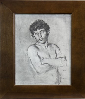 Lot 569 - MALE NUDE - ARMS FOLDED, A CHARCOAL BY PAUL REID