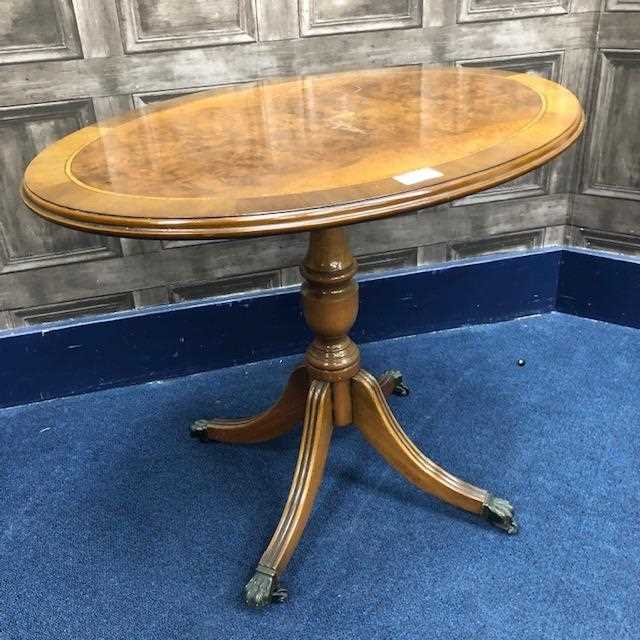 Lot 345 - A MAHOGANY REPRODUCTION OCCASIONAL TABLE, A PIE CRUST WINE TABLE AND TWO OTHER OCCASIONAL TABLES