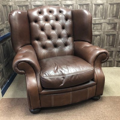 Lot 351 - A BROWN LEATHER EASY CHAIR