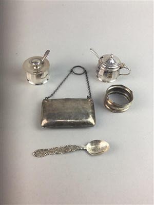Lot 368 - A SILVER PURSE, SILVER NAPKIN RING AND MAPPIN & WEBB CONDIMENTS