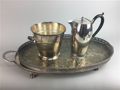 Lot 370 - A TWIN HANDLED SILVER PLATED SERVING TRAY, COFFEE POT AND TEAPOT