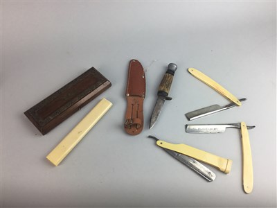 Lot 373 - A BONE HANDLED KNIFE, VARIOUS RAZORS AND OTHER KNIVES