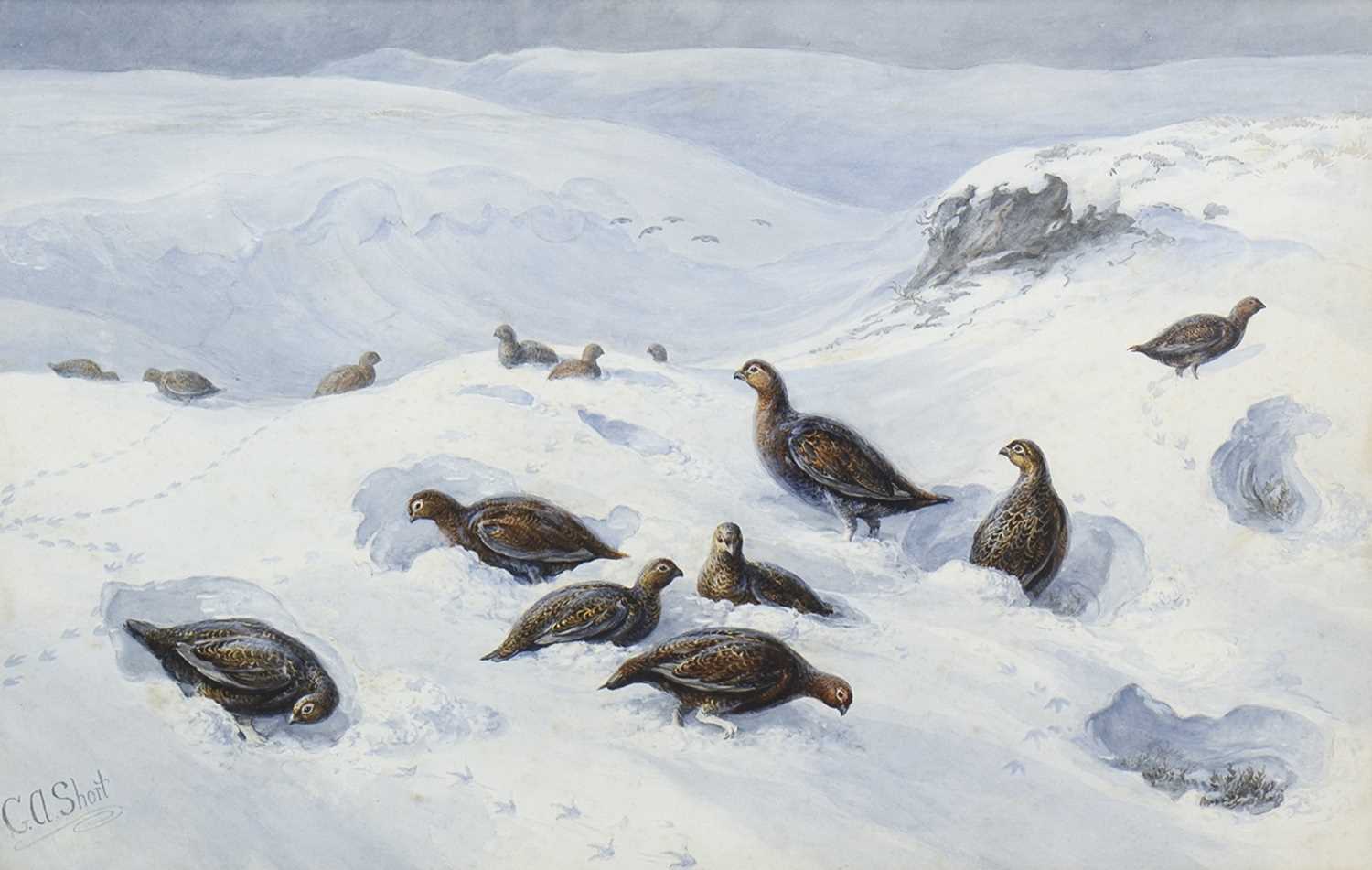 Lot 414 - A HARD WINTER FOR THE GROUSE, A WATERCOLOUR BY GEORGE ANDERSON SHORT