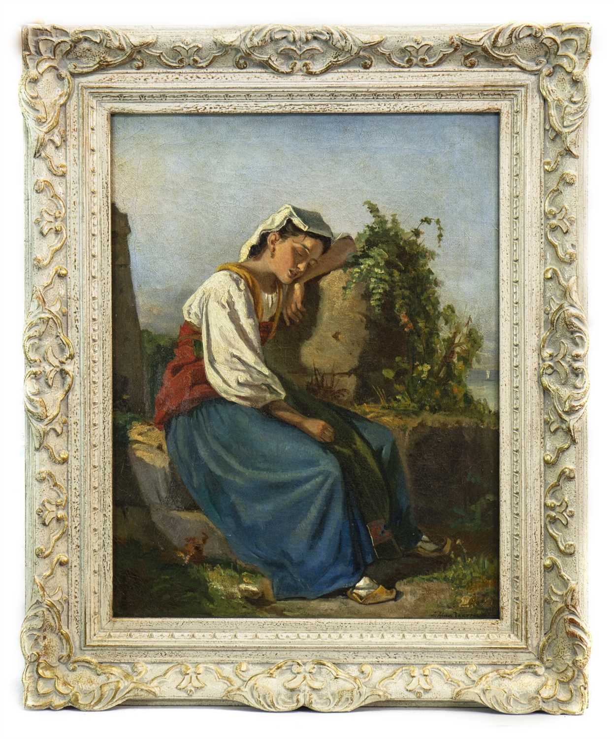 Lot 416 - RESTING, A CONTINENTAL SCHOOL OIL PAINTING