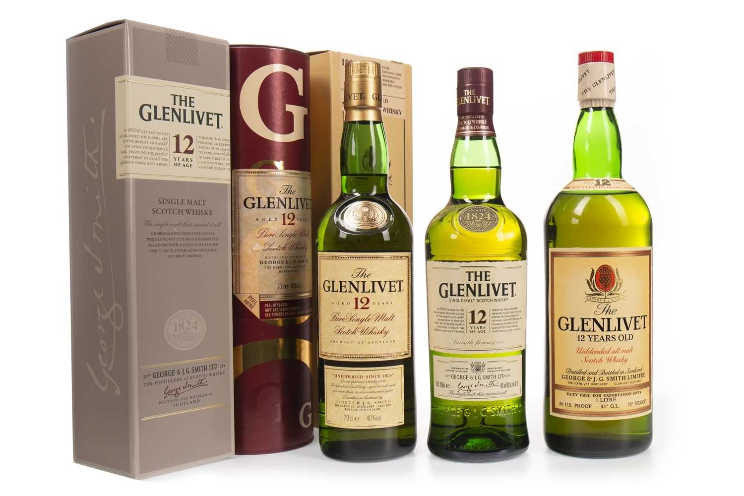 Lot 312 - TWO BOTTLES AND ONE LITRE OF GLENLIVET AGED 12 YEARS