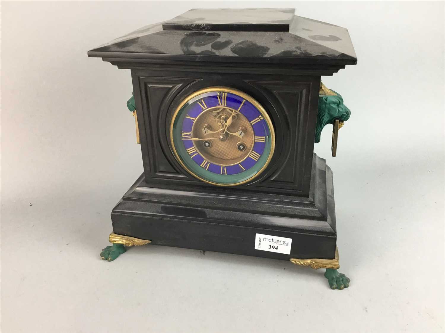Lot 394 - A VICTORIAN BLACK SLATE MANTEL CLOCK AND TWO OTHERS