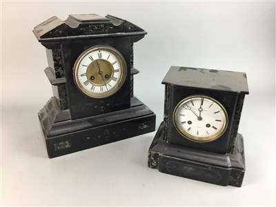 Lot 394 - A VICTORIAN BLACK SLATE MANTEL CLOCK AND TWO OTHERS