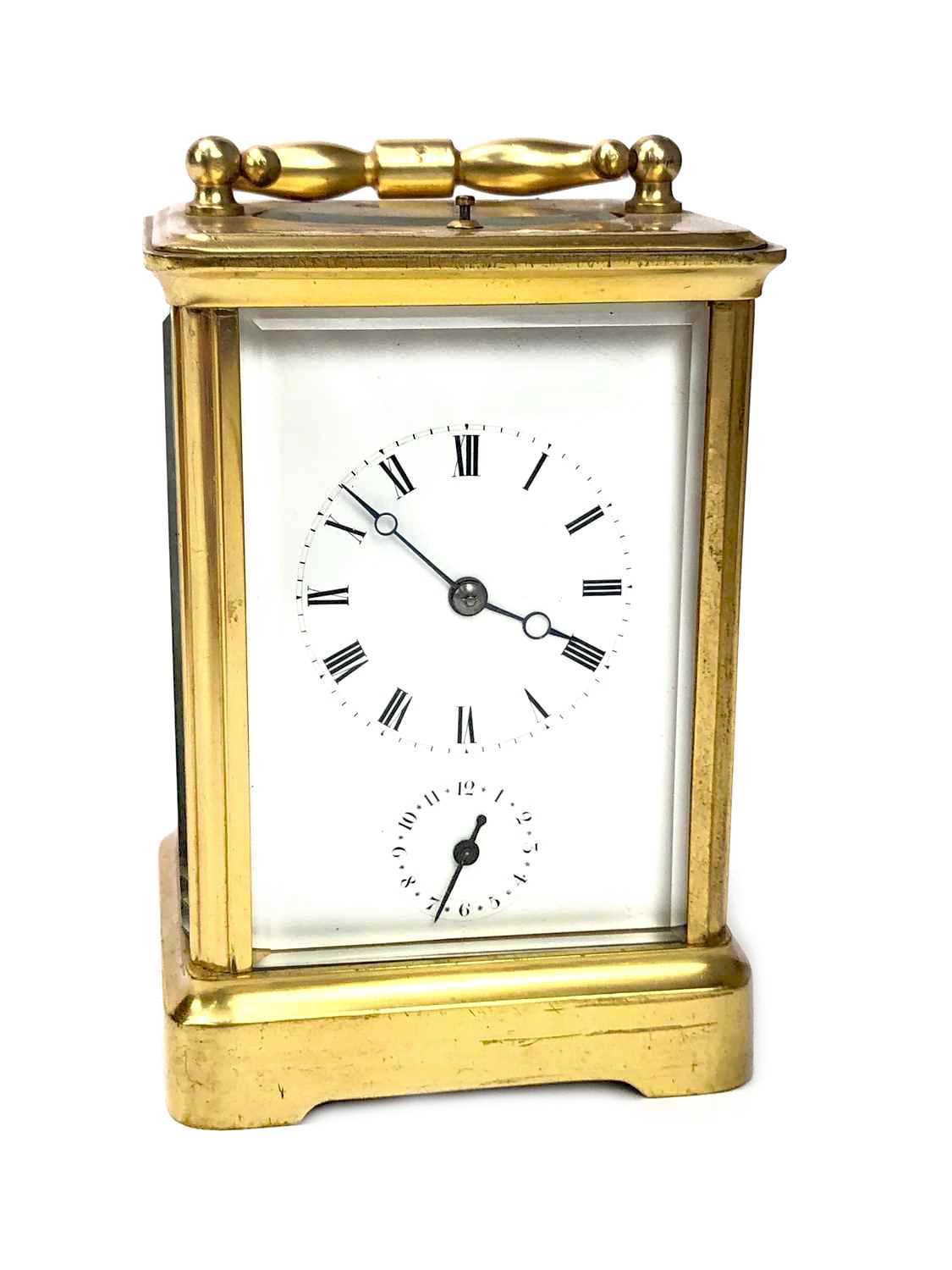 Lot 1433 - AN EARLY 20TH CENTURY BRASS REPEATER CARRIAGE CLOCK