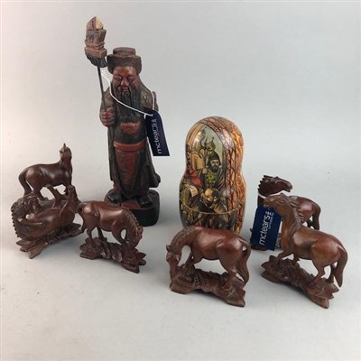 Lot 263 - A LOT OF SIX CARVED WOOD HORSE FIGURES AND OTHER ITEMS