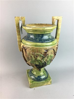 Lot 265 - A TWIN HANDLED MAJOLICA VASE AND OTHER CERAMICS