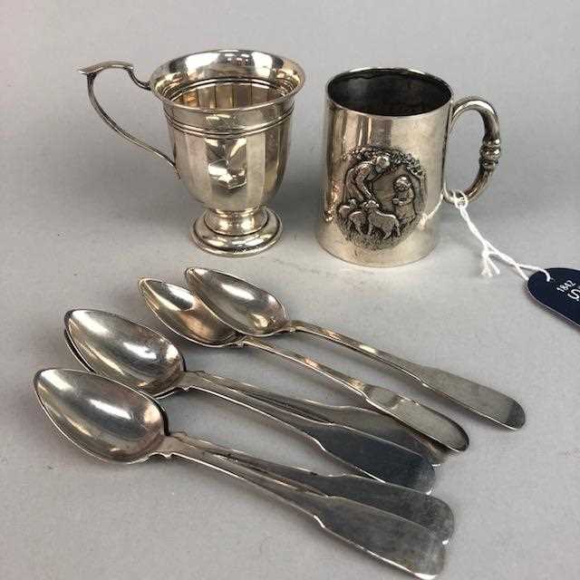 Lot 3 - AN EDWARDIAN SILVER CHRISTENING MUG, ANOTHER AND SILVER SPOONS