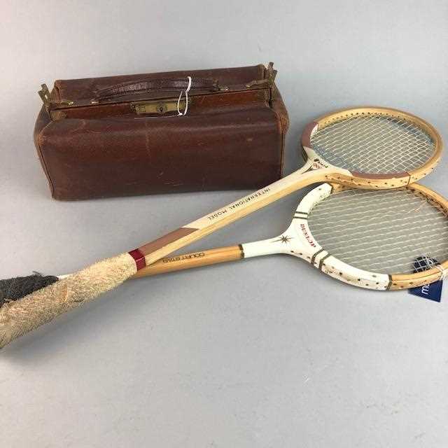 Lot 8 - TWO VINTAGE BADMINTON RACKETS AND A GLADSTONE BAG