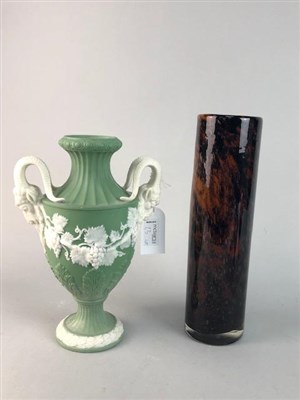 Lot 23 - A GLASS DECANTER AND GLASSES, A GREEN JASPERWARE VASE AND STUDIO GLASS