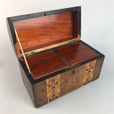 Lot 64 - A VICTORIAN WALNUT AND PARQUETRY TEA CADDY