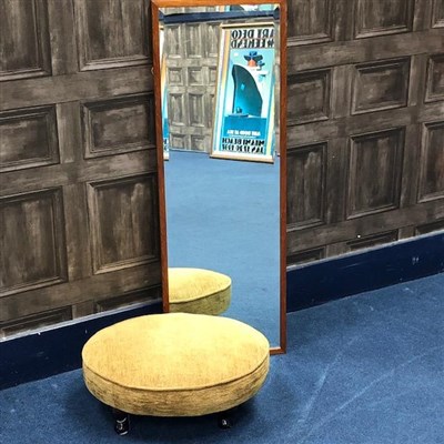 Lot 66 - A TEAK WALL MIRROR AND A FOOTSTOOL