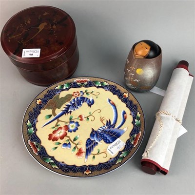 Lot 90 - A JAPANESE CARVED FIGURE, A SCROLL, PLATE AND A LACQUERED BOX