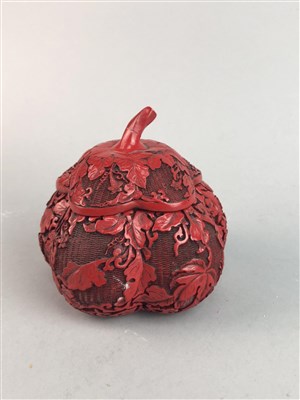 Lot 100 - A CHINESE CINEBAR BOX, PUZZLE BALL ON STAND, SNUFF BOTTLE AND A FIGURE OF BUDDHA