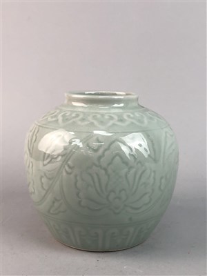 Lot 115 - A CHINESE CELADON GINGER JAR AND A CHINESE VASE