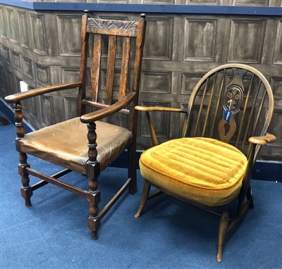 Lot 320 - A 20TH CENTURY OAK ELBOW CHAIR AND ANOTHER CHAIR