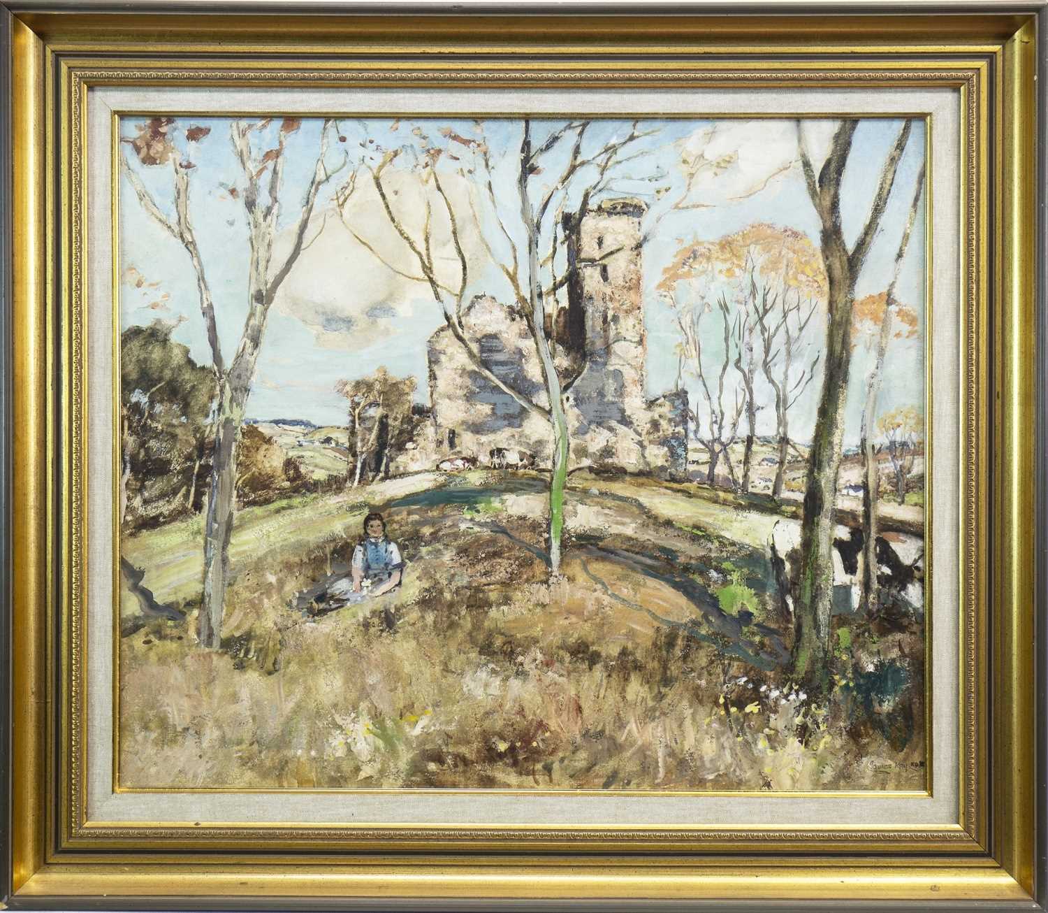 Lot 425 - CASTLE RUIN WITH FIGURE, A MIXED MEDIA BY JAMES KAY