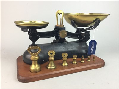 Lot 166 - A SET OF IRON AND BRASS KITCHEN SCALES WITH BRASS AND PLATED WARES