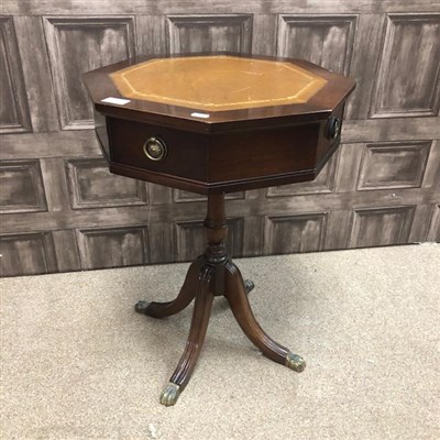 Lot 418 - A MAHOGANY OCTAGONAL OCCASIONAL TABLE, A YEW WOOD NEST OF TABLES AND A BEDSIDE CHEST