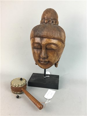 Lot 237 - A CARVED WOODEN BUST OF A TIBETAN GODDESS AND OTHERS