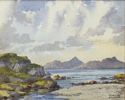 Lot 438 - RHUM AND EIGG FROM FASCADLALE, A WATERCOLOUR BY STIRLING GILLESPIE
