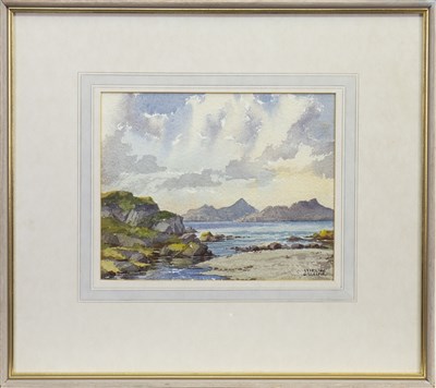 Lot 438 - RHUM AND EIGG FROM FASCADLALE, A WATERCOLOUR BY STIRLING GILLESPIE