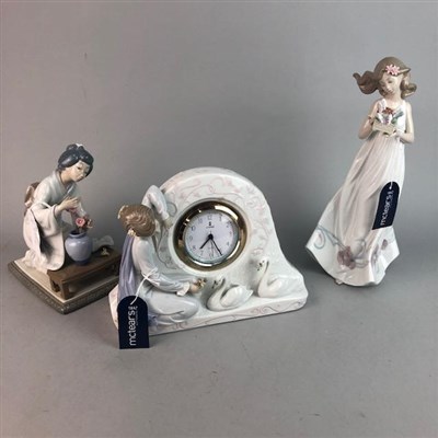 Lot 455 - A LLADRO MANTEL CLOCK AND TWO LLADRO FIGURES