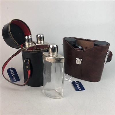 Lot 478 - A TRIO OF GLASS FLASKS WITH SILVER PLATED MOUNTS AND A PAIR OF BINOCULARS