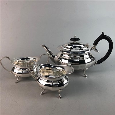 Lot 479 - A THREE PIECE SILVER PLATED TEA SERVICE AND PLATED FLATWARE