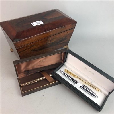 Lot 485 - A MAHOGANY CASKET AND THREE VINTAGE PENS