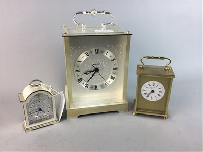 Lot 470 - A STAIGER QUARTZ CARRIAGE CLOCK, TWO OTHER CARRIAGE CLOCKS AND THREE MANTEL CLOCKS