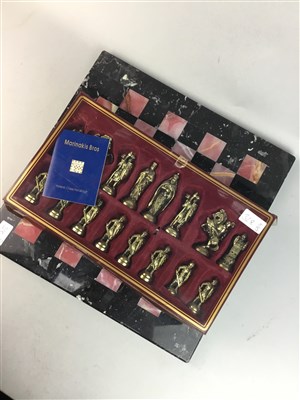 Lot 328 - A CHESS BOARD, CHESS PIECES AND WALLY DOGS
