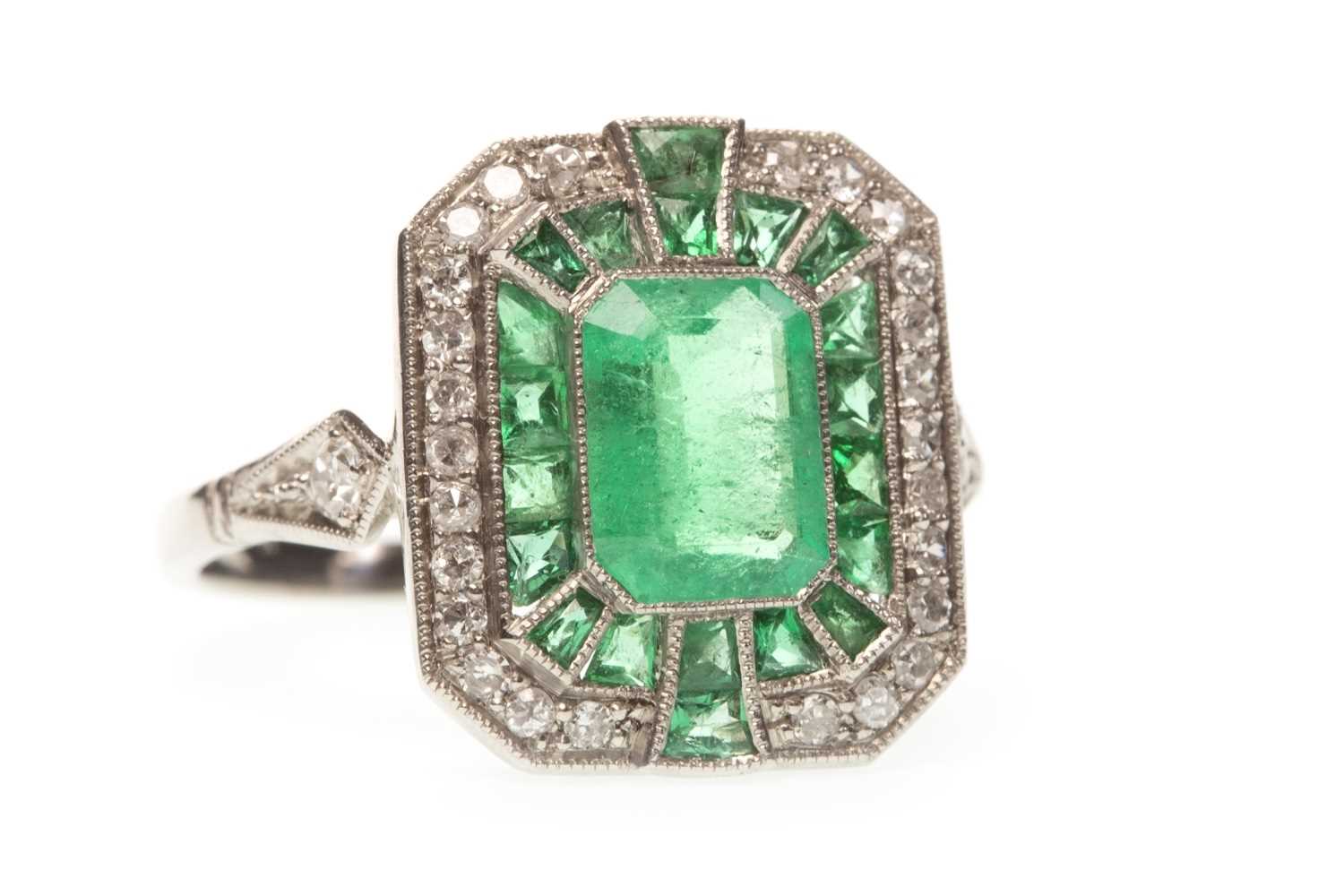Lot 60 - AN ART DECO STYLE EMERALD AND DIAMOND RING
