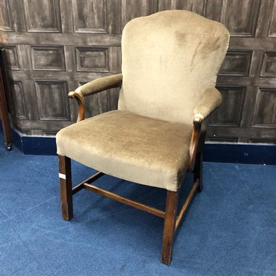 Lot 500 - A WALNUT FRAMED OPEN ELBOW CHAIR