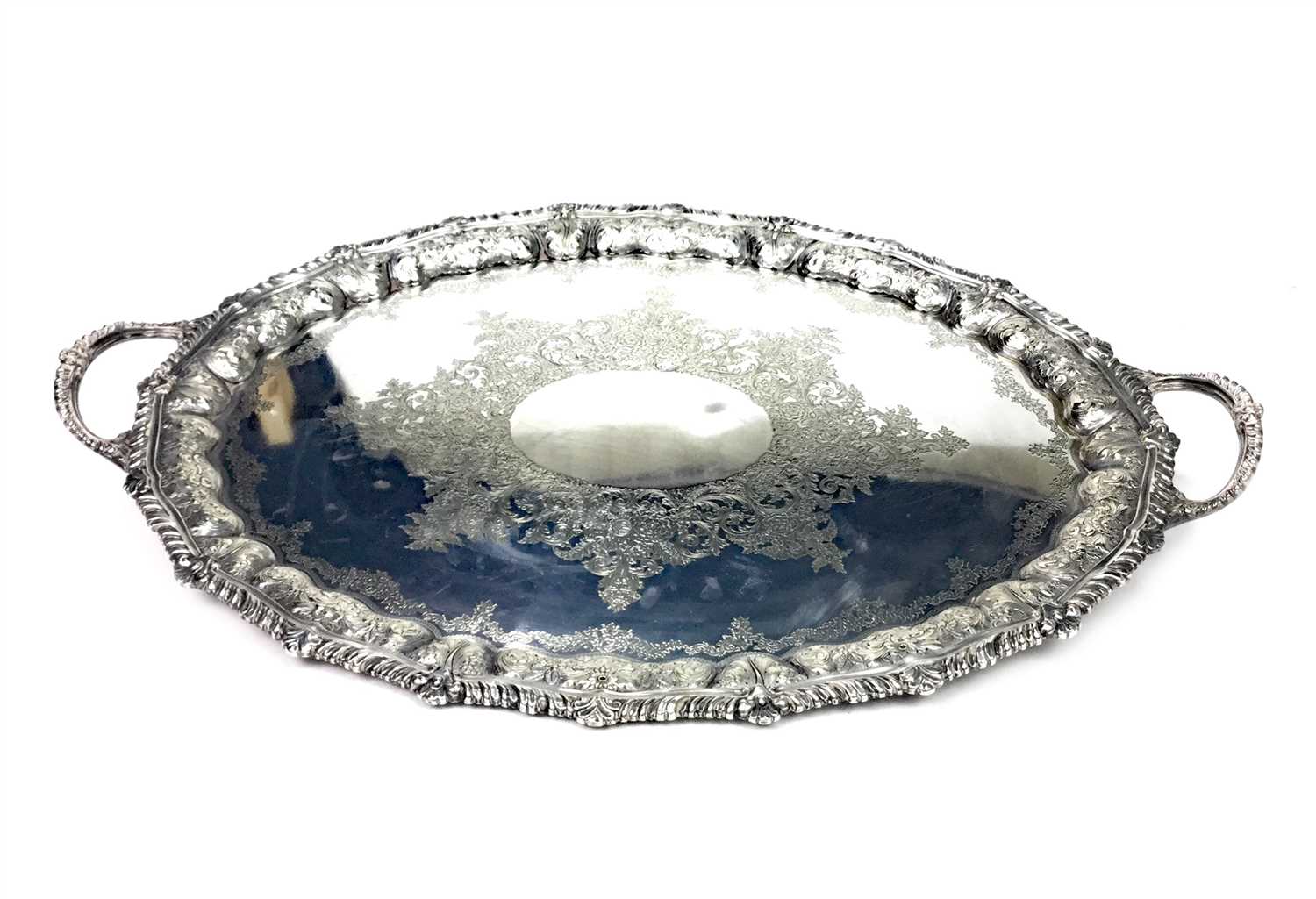 Lot 865 - A VICTORIAN SILVER PLATED DOUBLE HANDLED TRAY