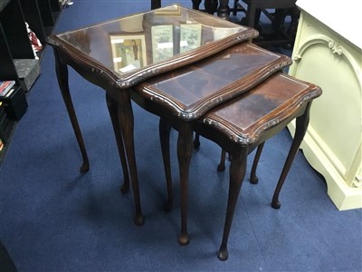 Lot 516 - A MAHOGANY NEST OF THREE TABLES AND A BEDROOM CHAIR