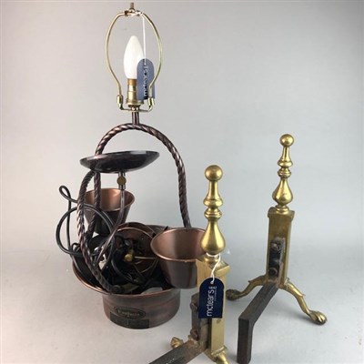 Lot 521 - A 20TH CENTURY DECORATIVE LIGHT FITTING AND A PAIR OF BRASS STANDS