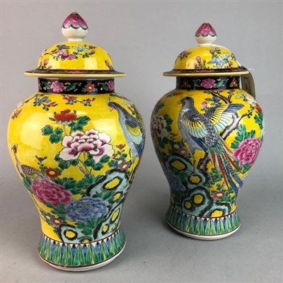 Lot 350 - A PAIR OF CHINESE FAMILLE JUANE BALUSTER VASES AND COVERS