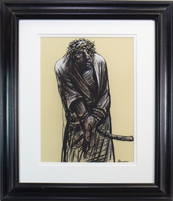 Lot 690 - CHRIST CROWNED WITH THORNS, AN ACRYLIC BY PETER HOWSON