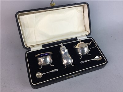Lot 369 - A SILVER CONDIMENT SET AND PLATED WARE