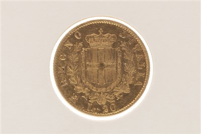 Lot 571 - A GOLD 20 LIRE COIN, 1878