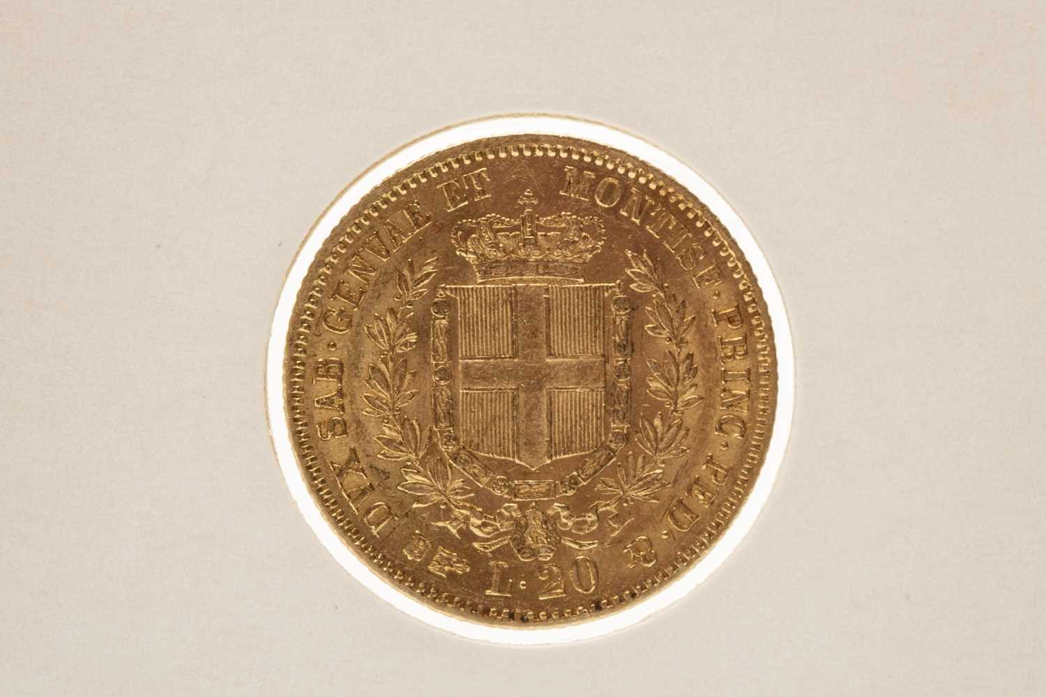 Lot 575 - A GOLD SARDINIAN 20 LIRE COIN, 1859
