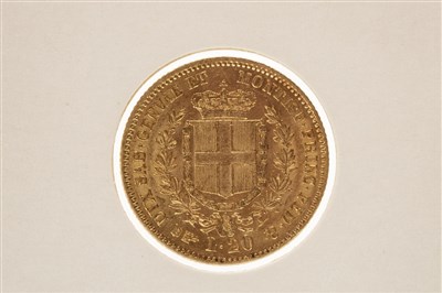 Lot 575 - A GOLD SARDINIAN 20 LIRE COIN, 1859